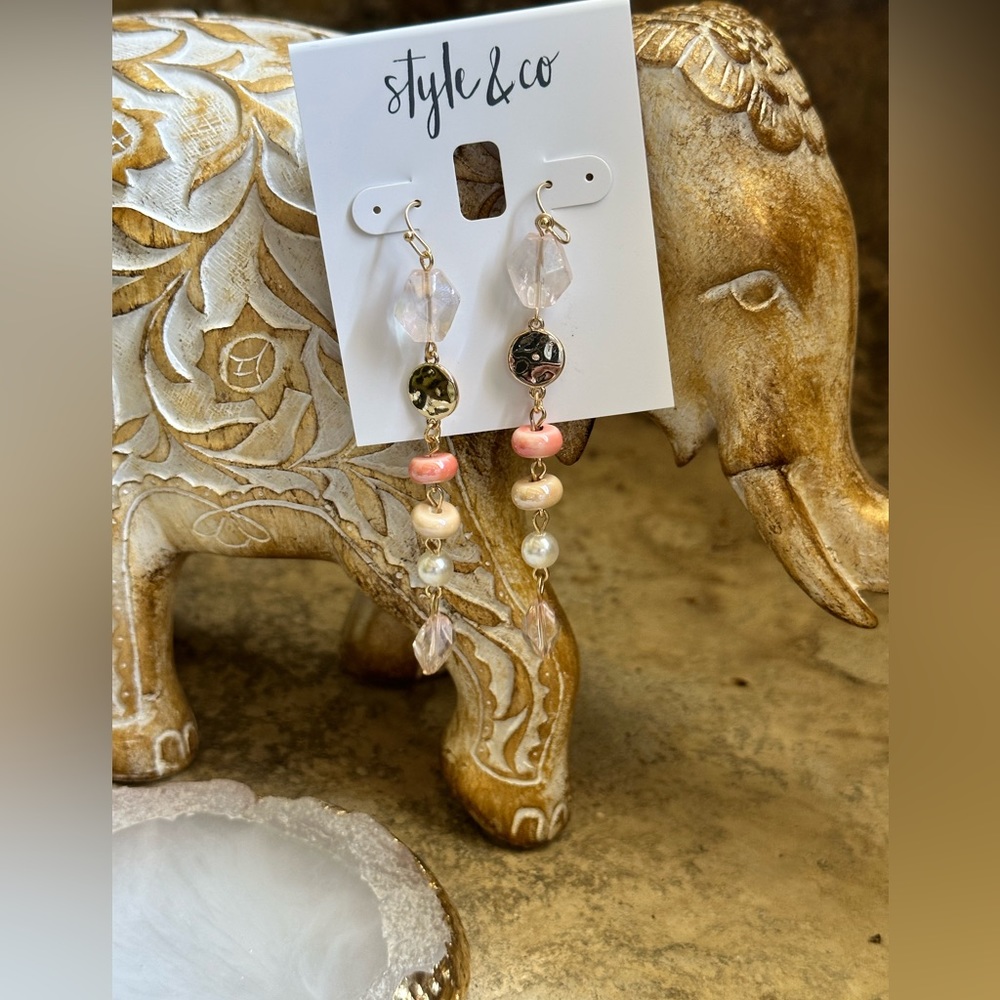 Gold Beaded Faux Pearl Dangle Earrings